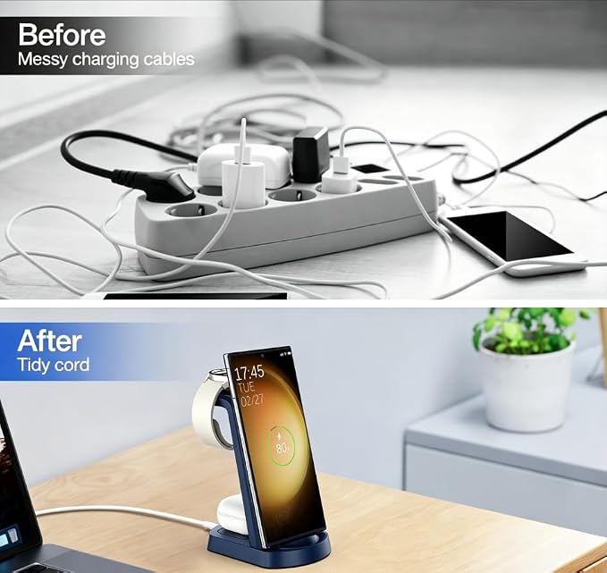 Wireless Charger for Samsung/Android, HOLYJOY 3 in 1 Fast Charging Station/Stand/Multi Charger for Samsung S26 Ultra/S25/Note 20, Travel Pad for Galaxy Watch 8/7/6/5/Active 2, for Buds(Blue) - Image 7
