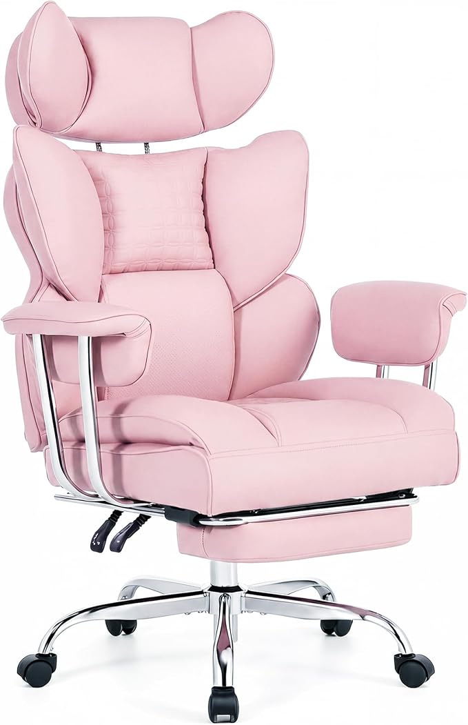 Pink Office Chair 400 LBS, for Women, Home Office | Big and Tall, PU Leather, Executive Ergonomic Desk Chair with Footrest, Lumbar Support, Wide Seat ,Reclining, Swivel Wheels by HAPPYMONTLLC