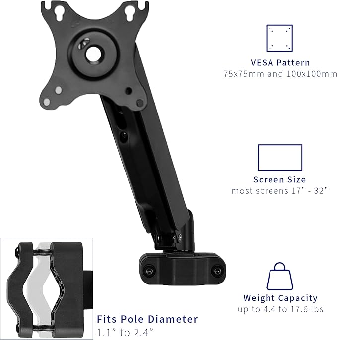VIVO Universal Full Motion Pneumatic Pole Mount Arm for 17 to 32 inch Monitor Screen, 75mm and 100mm VESA Plate, Black, MOUNT-POLE05A - Image 3