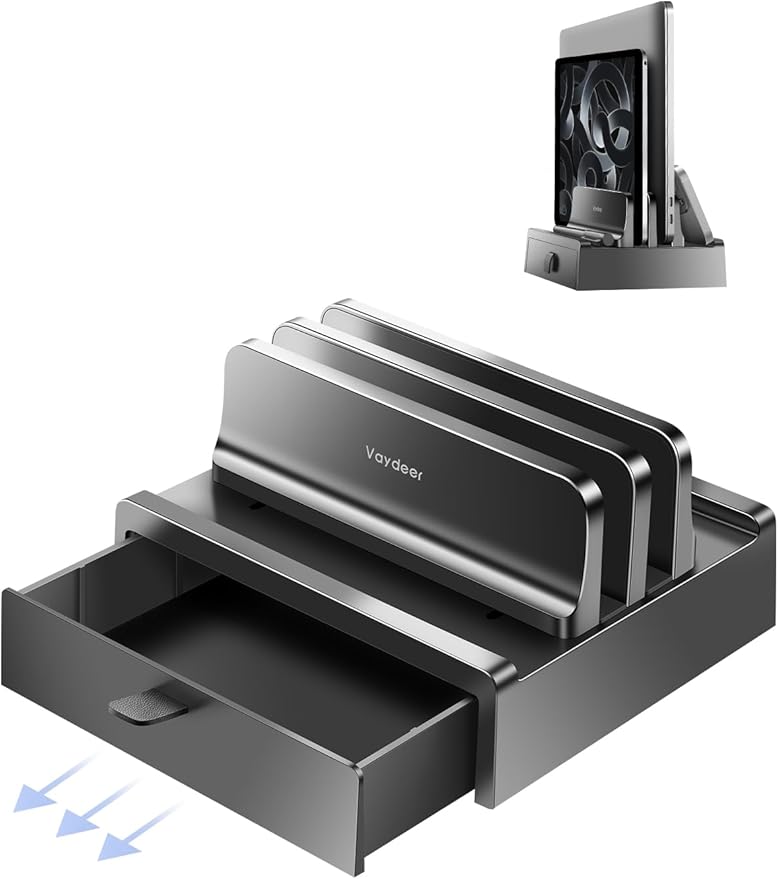 Vaydeer Vertical Laptop Stand with Drawer,Dual Slots Plastic Laptop Holder Storage with Space Saving 4-in-1 Design,Adjustable Laptop Organizer Stand for Desk,Supports MacBook,Chromebook,Surface,Dell by Vaydeer