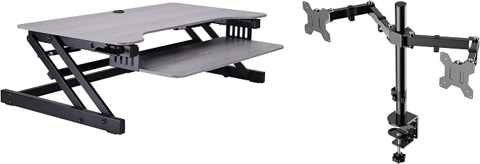 Rocelco 37.5" Height Adjustable Standing Desk Converter with Dual Monitor Mount and Slide Out Retractable Keyboard Tray - Sit Stand Up Double Screen Tabletop Riser Workstation - Gray (R DADRG-DM2) by Rocelco