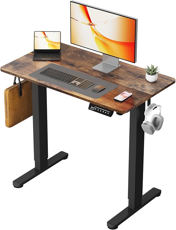Small Electric Standing Desk, 35" Sit Stand Rising Desk | Height Adjustable Desk with 2 Hooks for Home Office, Compact Computer Workstation with Splice Board, Rustic Brown by JYLHJOYSEEKER