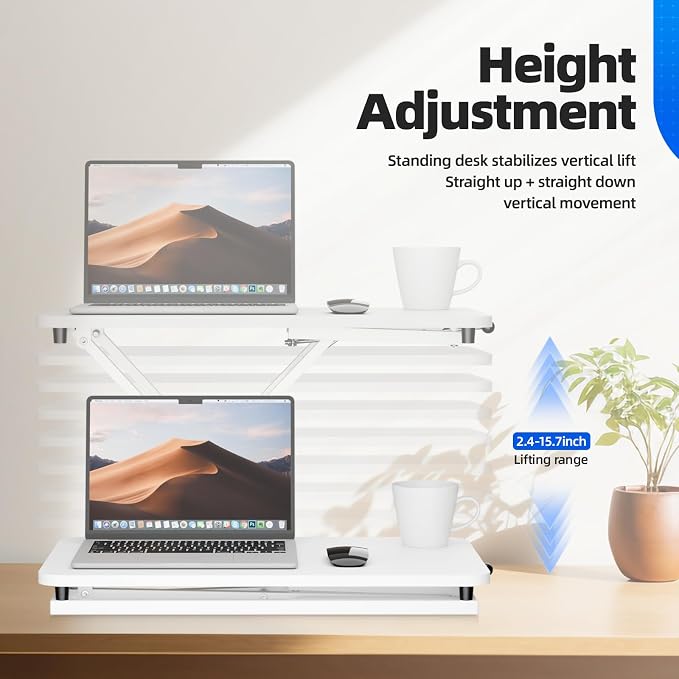 Standing Desk Converter Height Adjustable, Sit to Stand up Desk Riser Computer Workstation use in Laptop and Single Monitor Ergonomic Desktop Workstation for Home Office - White - Image 4