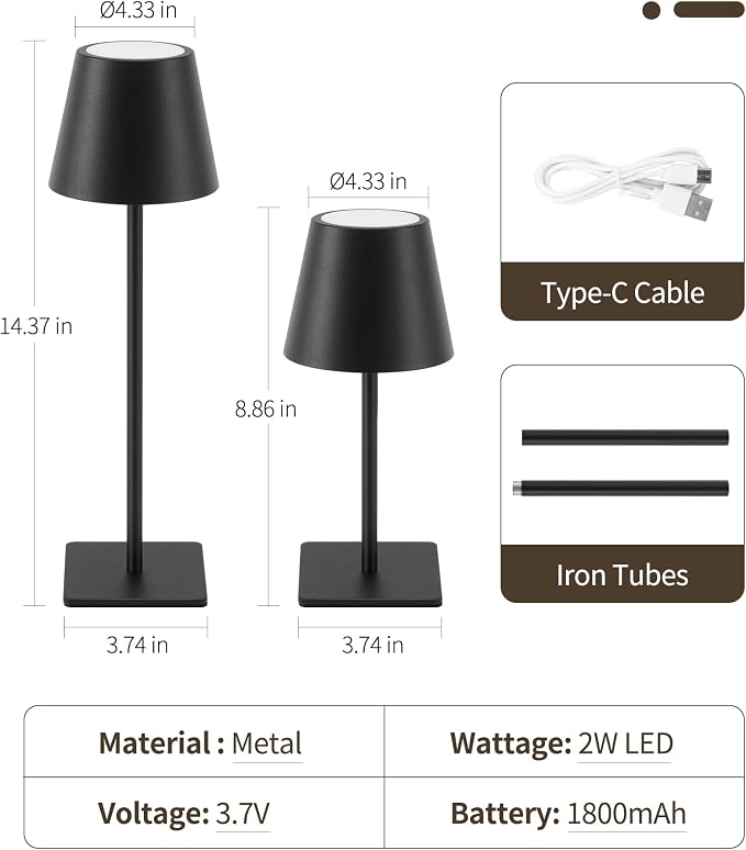 UME Cordless Table Lamp, Battery Operated Lamp - Portable Waterproof Rechargeable Table Lamp w/ 3 Color Temps & Stepless Dimming for Dinner, Desk, Cafe, Outdoor (Black) - Image 6