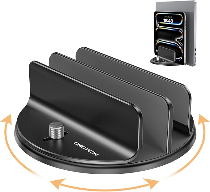 OMOTON 360° Vertical Laptop Stand Holder, Dual-Slot Aluminum Desk Organizer | Sides Knob Adjustment (No Lost Screws), Fits MacBook, iPad, Phones, and Tablets, Non-slip silicone, up to 17.3" by OMOTON