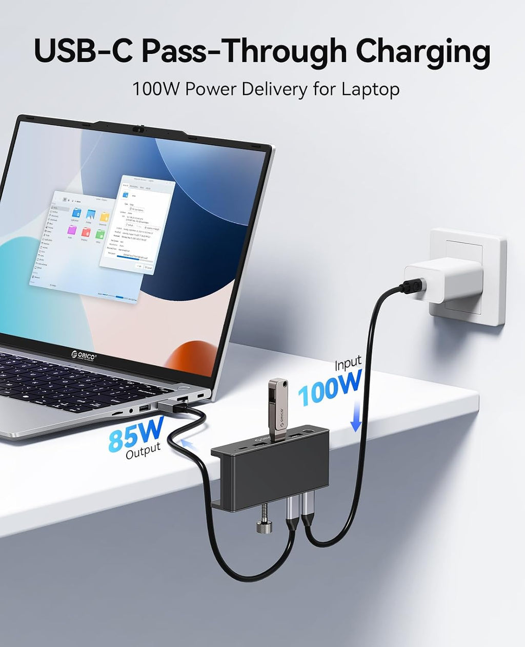 ORICO Clip Docking Station, 8-in-1 Clamp USB C Hub with 4K@60Hz HDMI, 100W PD, Gigabit Ethernet, 4xUSB Port, AUX, 10Gbps Clamp Docking Station for Laptop, MacBook, PC (Adapter Not Included) - Image 6
