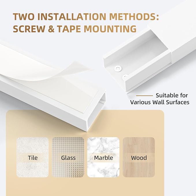 Delamu Cable Hider, 315in Cord Covers for 2-3 Wires on Wall, TV Cord Hider Wall, Paintable Wire Hiders Wire Covers for TV Cords on Wall, Easy Mount Cable Cover Raceway Kit, W0.95 H0.55in, White - Image 5