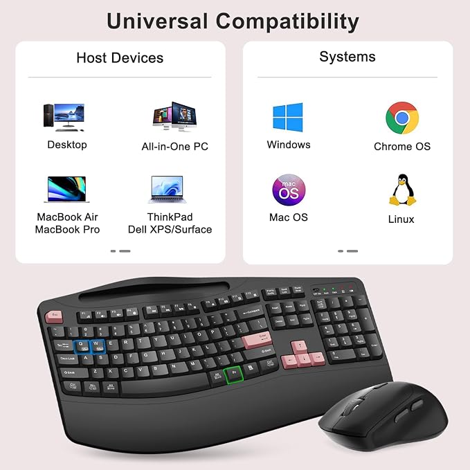 Wireless Keyboard and Mouse Combo, Full Size Ergonomic Wave Keys(Pink-B) | 2.4G Ergonomic Keyboard with Wrist Rest, Phone Holder, 3-Level DPI Silent Mouse with 6-Buttons, for Windows/Mac OS/Laptop/PC - Image 8