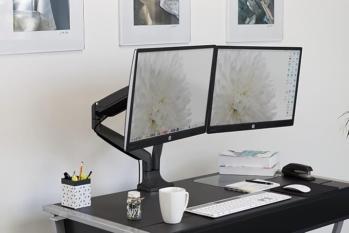 Mount-It! Dual Monitor Arm Mount | Desk Stand | Two Articulating Gas Spring Height Adjustable Arms | Fits 2 x 24 27 29 30 32 Inch VESA 75 100 Compatible Screens | C-Clamp and Grommet Bases (Black) - Image 3