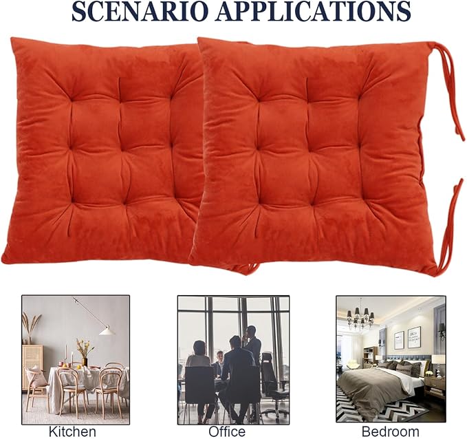 2 Pack Square Seat Cushion Chair Pads for Kitchen Dining Chairs, Soft Comfort Velvet Chair Mat Pillow Cushions with Ties for Office Desk Living Room Tatami 15.5", Orange - Image 5