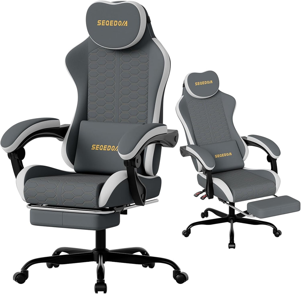 Honeycomb Embossed Gaming Chair with Footrest & Massage Lumbar Support, Adjustable Ergonomic Office Chair for Adults, 300 lbs (Grey White) - Image 4