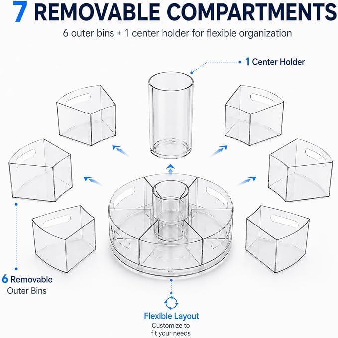 CraftGenes Clear Rotating Organizer, Acrylic Pen Holder, Marker Organizer | Pen organizer for desk and art supply organizer with 7 removable sections for markers, pencils, brushes, and office supplies. - Image 5