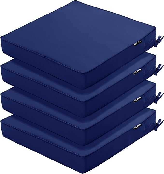 Outdoor Chair Cushions Set of 4, 19 x 19 x 3 Inch Seat Pads | Waterproof Patio Chair Cushions with Tie, Fade Resistant Cushions for Outdoor Furniture Garden Lawn, Navy Blue by COMCAVER
