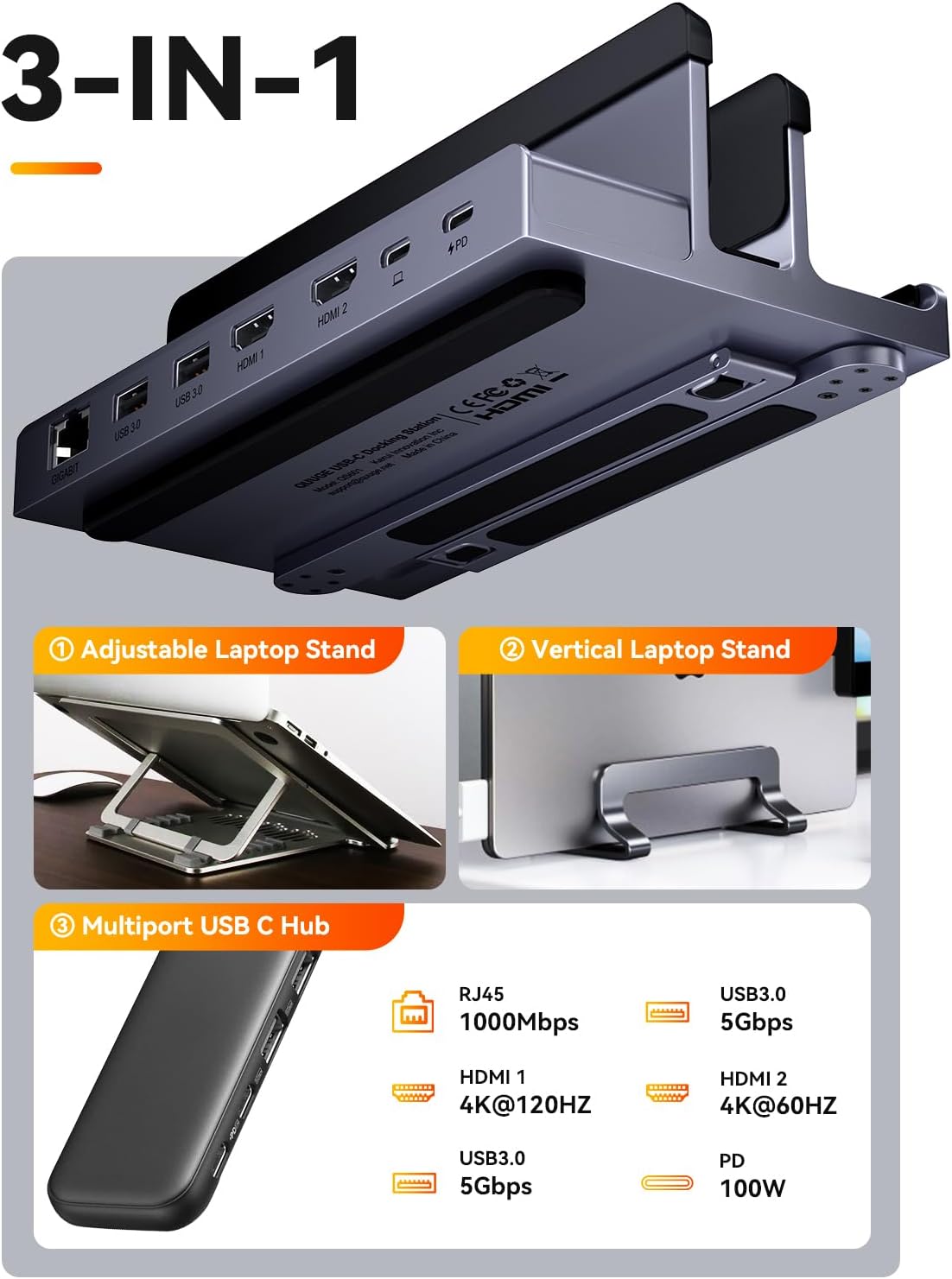 Laptop Docking Station Stand Dual 4K Monitor: QUUGE USB C Docking Station Dual Monitor for Laptop, 2 HDMI (Single 4K@120Hz), 2 USB3.0 Ports, 100W PD, RJ45 Ethernet, Universal Laptop Stand USB C Dock - Image 2