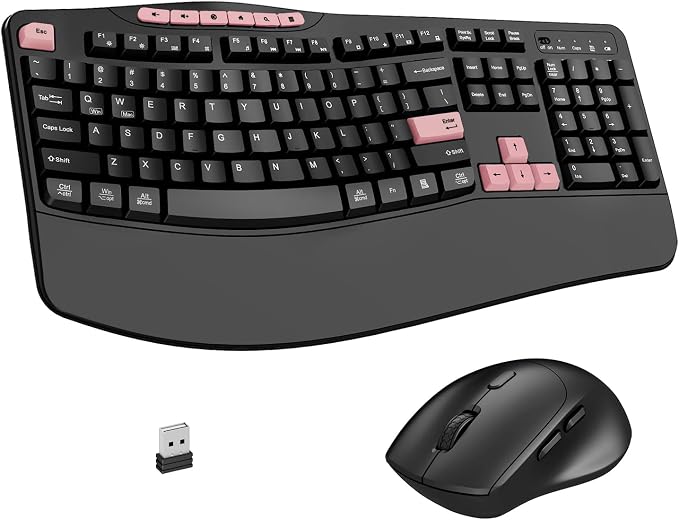 Wireless Keyboard and Mouse Combo, 2.4G Ergonomic Wave Keys(Pink-B) | Full Size Keyboard with 6 Multimedia Keys, Ergonomic Keyboard with Wrist Rest, 3-Level DPI Silent Mouse for Windows/Laptop/PC by Unknown
