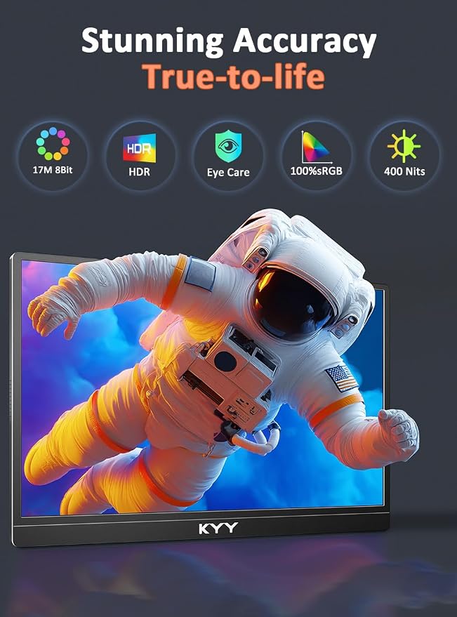 KYY 4K Portable Monitor for Laptop 15.6" UHD Laptop Monitor Portable VESA | Portable Gaming Monitor 3840x2160 IPS Portable Monitor VESA Mountable with 100% sRGB, HDR, Alloy, Computer Screen Extender - Image 3