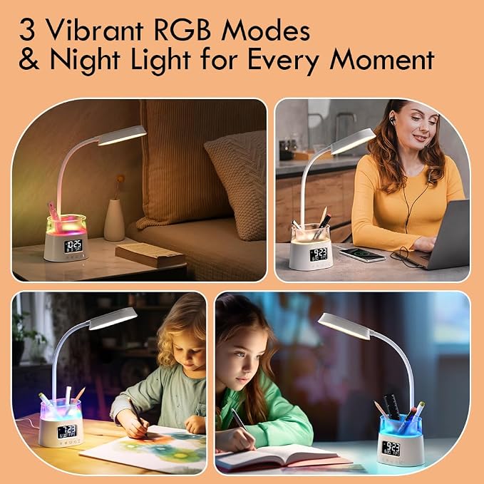 WILIT LED Desk Lamp for Home Office with Pen Holder, RGB Night Light, White | Table Lamp for Bedroom with USB Charging Port & Clock, Study Lamp for Kids Girls, Desk Light for College Dorm Room Essentials - Image 4