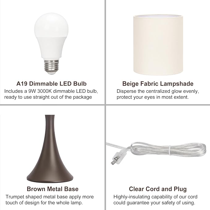3 Way Touch Control Table Lamp, Dimmable Bedside Lamp, Nightstand Light | Desk Lamp with Beige Shade and Dark Brown Base, Small Lamp for Living Room, Bedroom, Dorm, Office, 3000K LED Bulb Included - Image 7