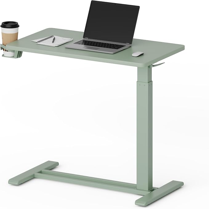 FLEXISPOT H7 28" Pneumatic Height-Adjustable Overbed Table with Wheels | C-shaped bedside table TV Tray,Medical End Side Table,Laptop desk for sofa and home office use,27.6"W x 15.7"D,Mint Green by FlexiSpot