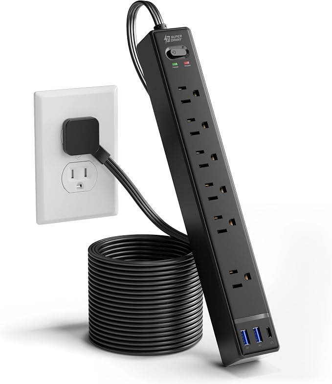 10Ft Long Extension Cord, SUPERDANNY Flat Plug Surge Protector Power Strip | Black Power Strip with 6 Outlets & 3 USB, Desk Charging Station for Home, Office, College Dorm Room Essentials - Image 9