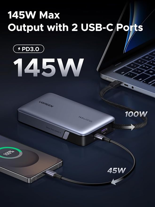 UGREEN Nexode 20000mAh 145W Built-in USB-C Power Bank | Built-in USB-C cable, 72Wh. Fast charges for MacBook, iPad, Samsung S25, Dell, HP - Image 2