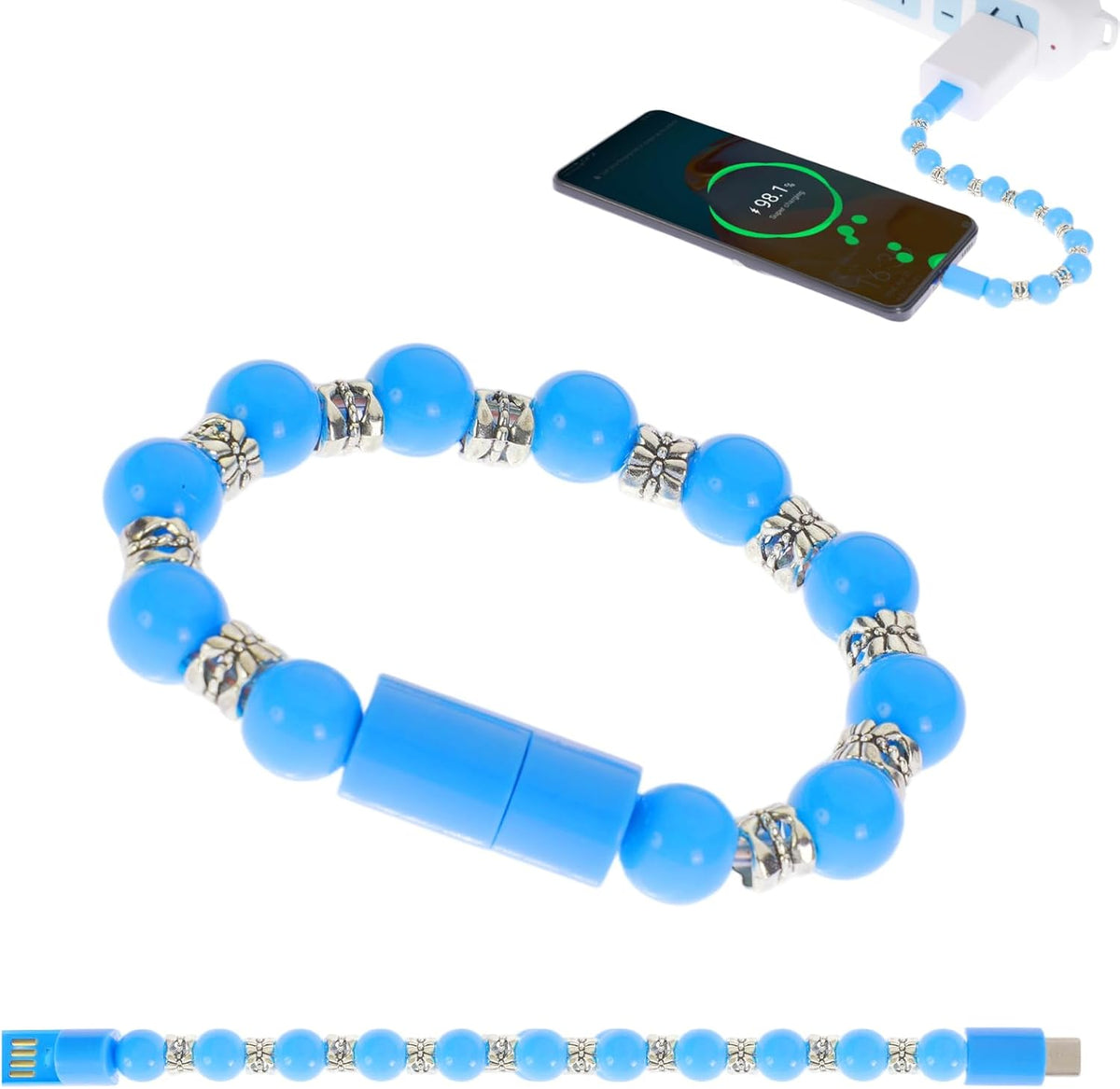 Multicolor Short Type-C Fast Charging Data Bracelet Cable: Black for Power, White for Purity, Pink for Passion, Blue for Calm by DJ.KEKAO