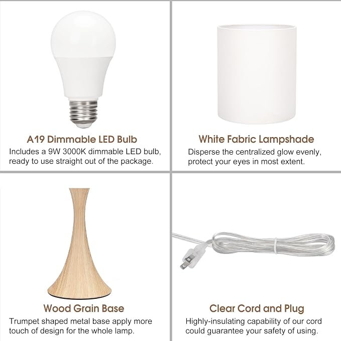 Dimmable Wood Grain Metal Table Lamp, 3 Way Touch Lamp with White Shade | Farmhouse Small Desk Lamp, Modern Nightstand Bedside Lamp for Living Room, Bedroom, Dorm, Office, 3000K LED Bulb Included - Image 7