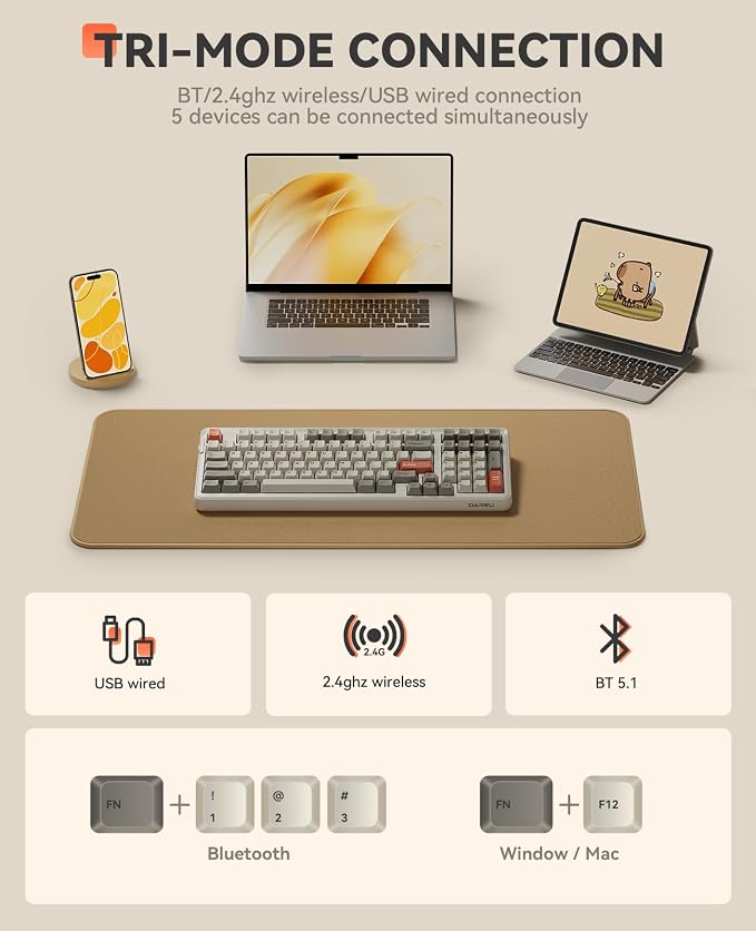 DAREU EK98pro Wireless Mechanical Keyboard,Tri-Mode BT/2.4GHz/USB-C Creamy Gaming Keyboard with Number Pad,Pre-lubed Linear Switches,Gasket Structure,Hot Swappable Custom,RGB Backlit for Win/Mac - Image 3
