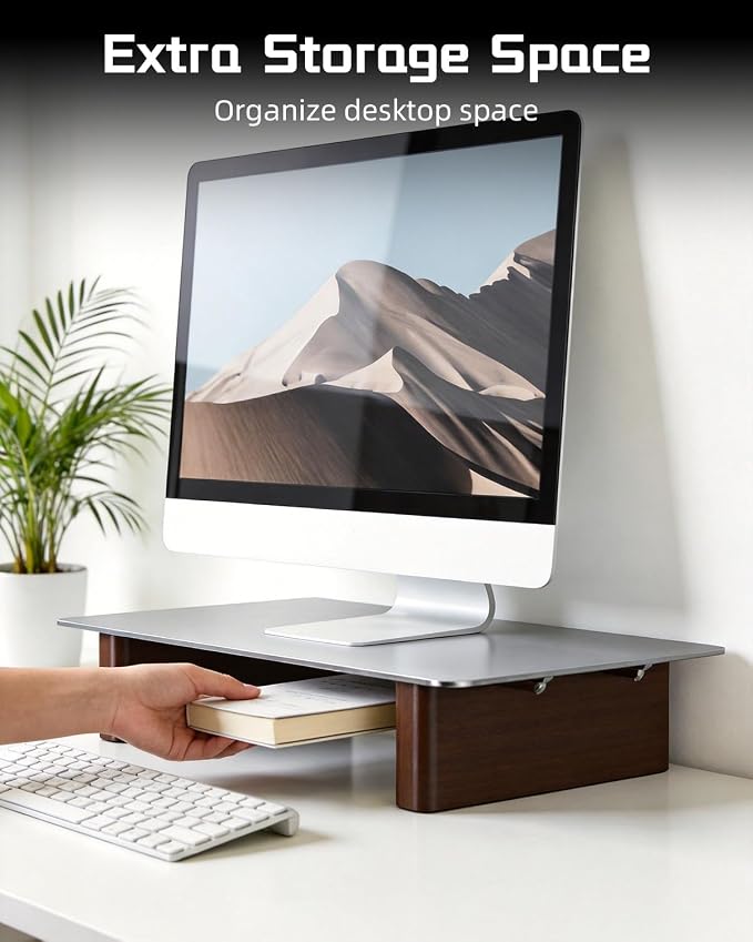 Aluminum Monitor Stand Riser, Ergonomic Desktop Shelf with Wooden Legs - 15.75” Wide Heavy Duty Computer Stand for Home Office, Universal Desktop Monitor Riser for PC, iMac, MacBook, Laptop - Image 4