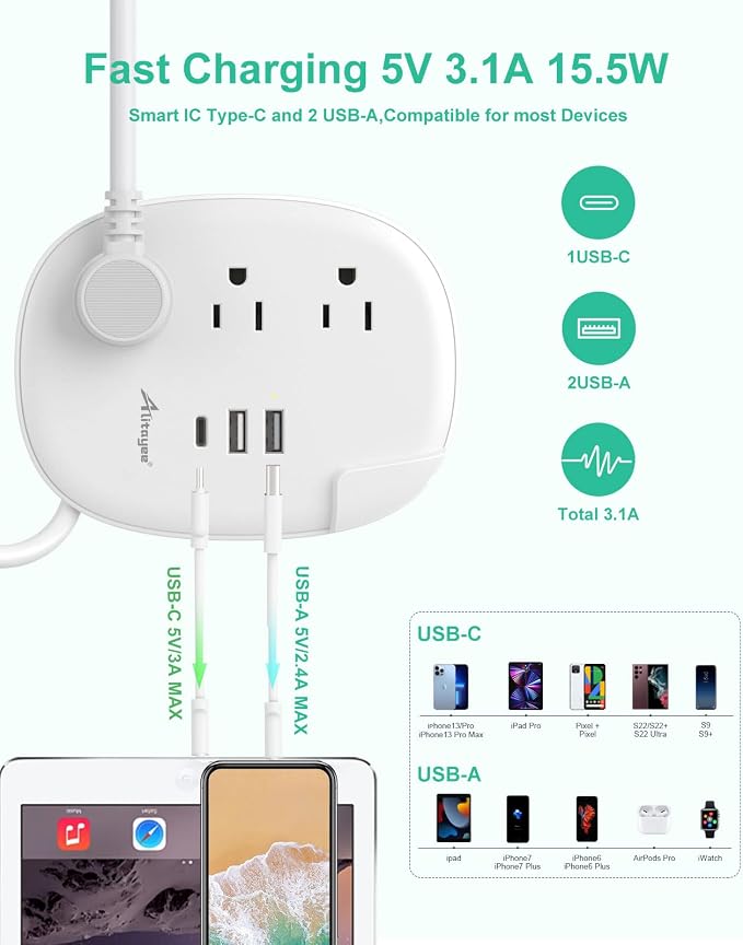 Alitayee USB C Travel Power Strip,3 Outlets 3 USB Ports,4ft Extension Cord | 3 USB Ports,Portable Power Strip,4ft Wrapped Around Extension Cord,Flat Plug,No Surge Protector,For Cruise Travel Home Office - Image 2