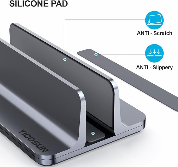 YICOSUN Aluminum Vertical Laptop Stand for Desk - Adjustable Width Dock for MacBook, Surface, Samsung, HP, Dell up to 17.3 inches - Space-Saving & Protective Design - Gray - Image 3