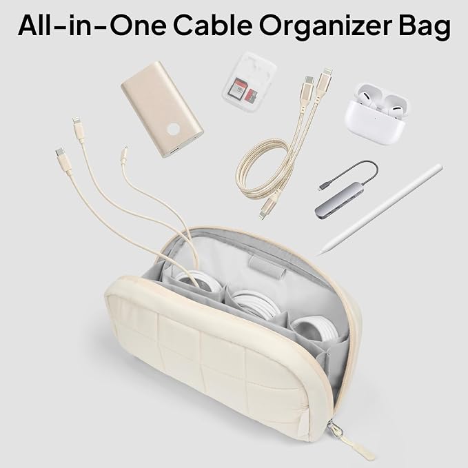 TOPEAST Quilted Cable Organizer Bag, Soft Tech Pouch & Travel Electronics Case with Elastic Pen Loop, Tangle-Free Cord Organizer for Women, Office Desk, AirPods, Chargers & Accessories, Beige - Image 8