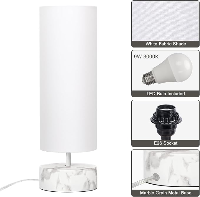 Touch Table Lamp with Marble-Grain Metal Base, 3 Way Dimmable Bedside Lamp | Modern Minimalist Desk Lamp with White Shade, Nightstand Night Light for Bedroom Living Room Home Office, LED Bulb Included - Image 8