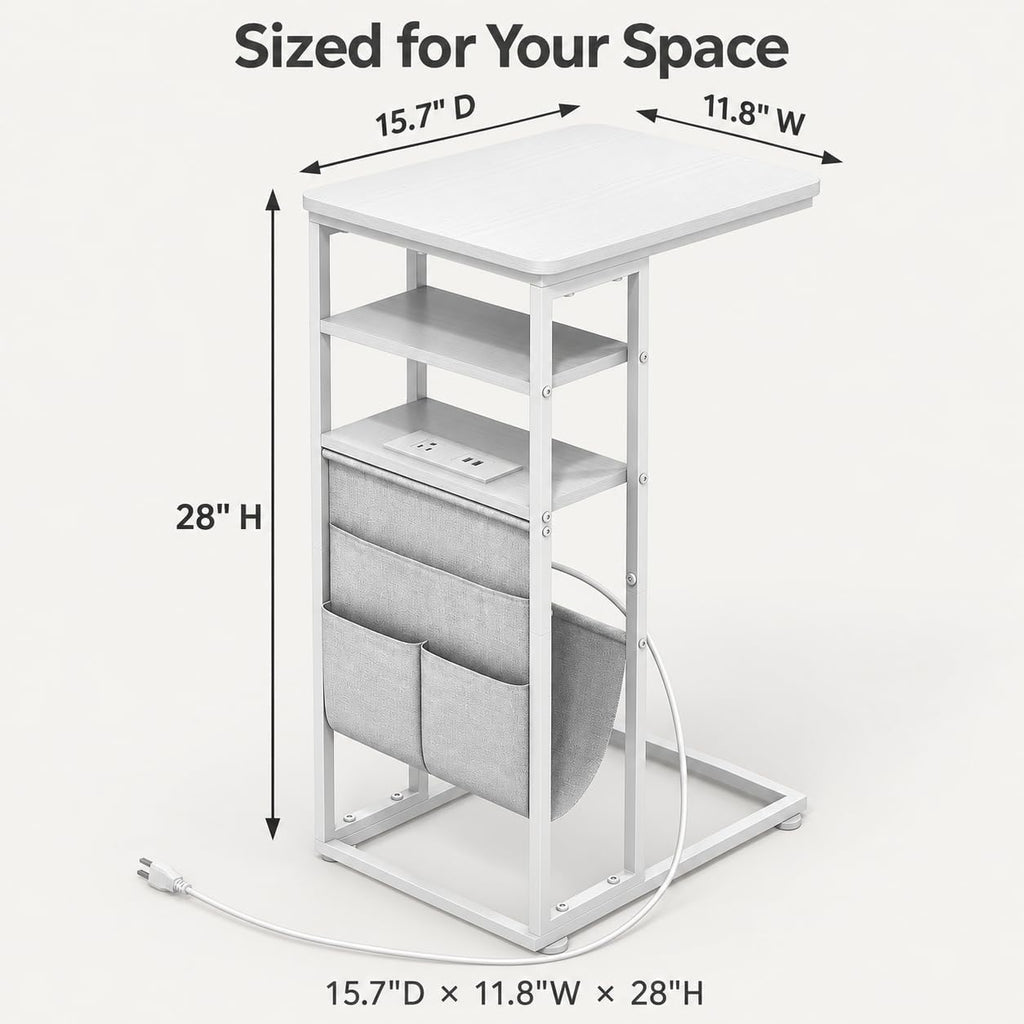 C Shaped End Table with Charging Station, 28"(H) 3-Tier C Table with Storage Bag, Under Couch Table C-Shaped End Table with Storage Shelves and Bag for Living Room, Bedroom, or Office - Image 3