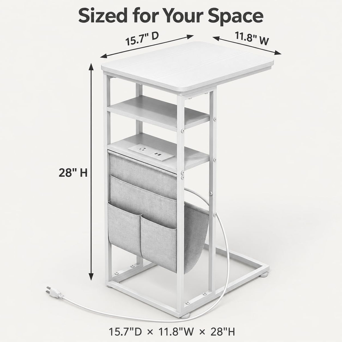 C Shaped End Table with Charging Station, 28"(H) 3-Tier C Table with Storage Bag, Under Couch Table C-Shaped End Table with Storage Shelves and Bag for Living Room, Bedroom, or Office - Image 3