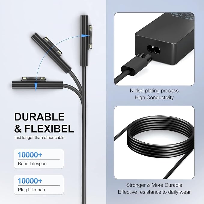 YURCIPWE Surface Pro Charger 65W, Surface Laptop Charger Compatible with Microsoft Surface Pro 11/10/9/8/7+/7/6/5/4/X, Surface Laptop 7/6/5/4, Surface Book 3/2, Surface Go 3/2/1 with 8.8ft Power Cord - Image 5
