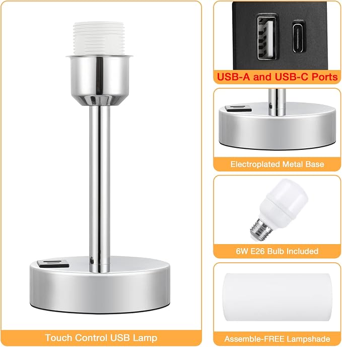 Small Touch Table Lamp for Bedroom - Bedside Desk Lamp for College Dorm | USB A+C Ports, 3-Way Dimmable, LED Bulb Included, White Fabric lampshade, Silver Metal Base, Compact 14" Night Stand Lamp - Image 7