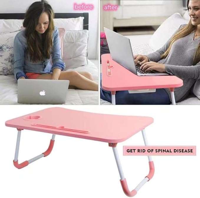 Laptop Desk Foldable Bed Table, Portable Lap Desk Laptop Bed Tray Table with Storage Drawer and Cup Holder, Lap TraysTables Notebook Stand Reading Desks Breakfast Tray for Beds Couch Sofa Floor – Pink - Image 3