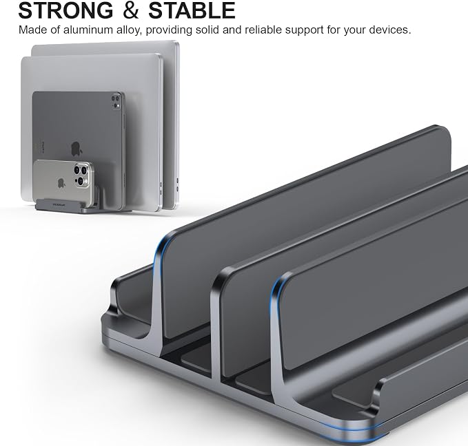 YICOSUN 4-Slot Aluminum Vertical Laptop Stand for Desk - Adjustable Width Dock for MacBook, Surface, Samsung, HP, Dell up to 17.3 inches - Space-Saving & Protective Design - Gray - Image 4