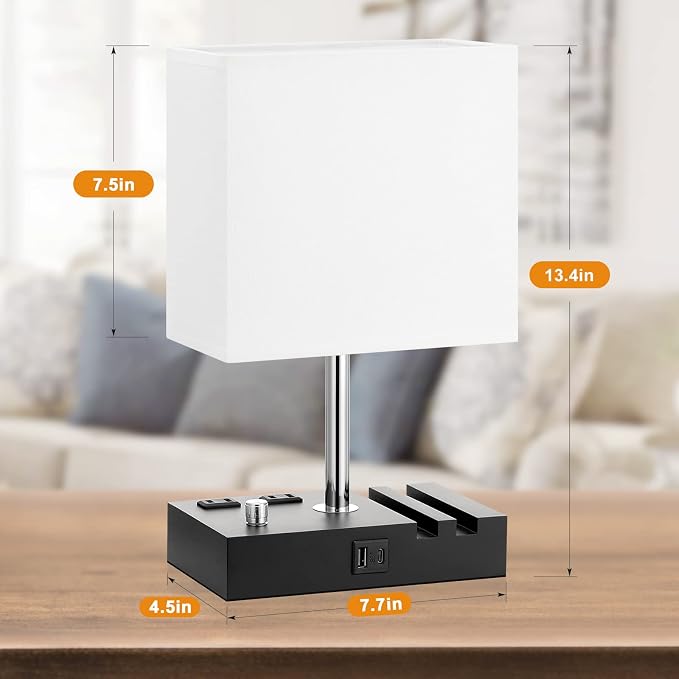 White Bedside Table Lamps Set of 2 - Dimmable, USB C+A, 2 AC Outlets | Dimming By Rotary Knob, USB C+A Ports, 2 Phone Stands, LED Bulbs Included, Rectangle White Lampshade, for Living Room, Desk - Image 5