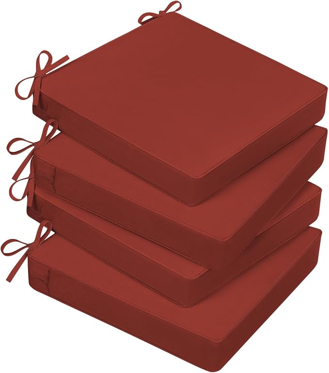 Basic Beyond Outdoor Chair Cushions for Patio Furniture, Waterproof Outdoor Seat Cushions Set of 4 18 x 18, Patio Chair Cushions Set of 4 with Ties and Handle, Brick Red by BasicBeyond
