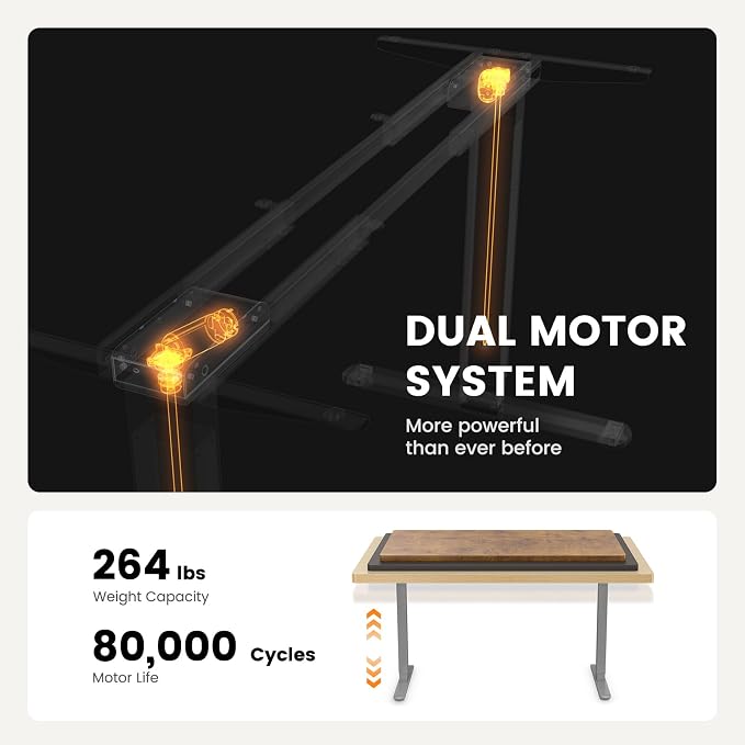 ErGear Dual Motor Standing Desk Legs for 44-90 inch Desktops, 264 lbs | 4 Memory Presets, Cable Tray, Dual Hooks, 28-47 inch Height Range, DIY Sit Stand Frame, Black Finish, Quiet Lifting, Grey - Image 5