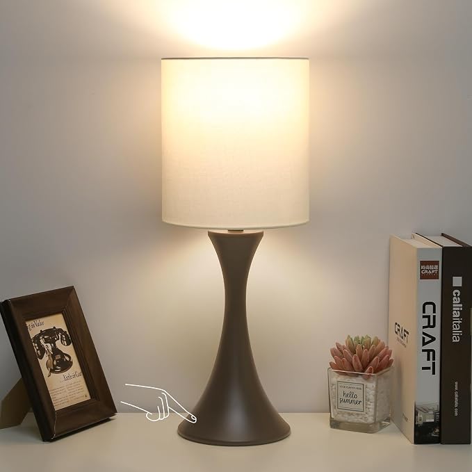 3 Way Touch Control Table Lamp, Dimmable Bedside Lamp, Nightstand Light | Desk Lamp with Beige Shade and Dark Brown Base, Small Lamp for Living Room, Bedroom, Dorm, Office, 3000K LED Bulb Included by Seasidevillage