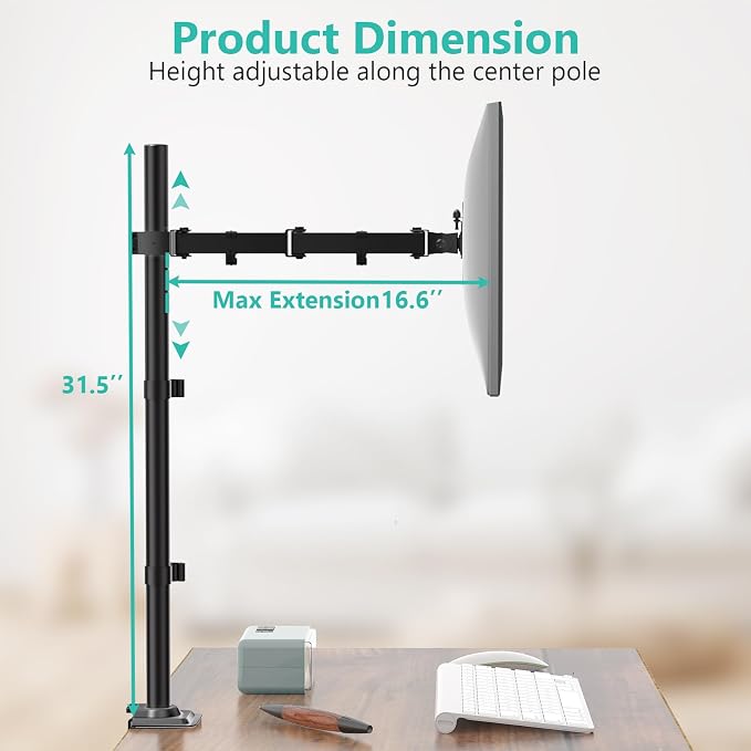 WALI Tall Monitor Arm Mount for Desk for 13-34 inch Screens, 22 lbs per Arm | Single Extra Tall Monitor Mount, Full Motion with Tilt, Swivel, Rotation, VESA Mount 75/100mm,for Office/Home (M001XL), Black - Image 4