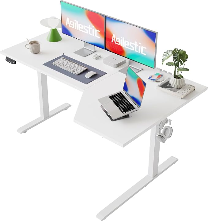 Agilestic 59 x 35 Inch Corner L Shaped Electric Standing Desk, White | Electric Height Adjustable, L-shape Workspace, Sturdy Steel Frame, Memory Preset, Hooks, 154 lbs, Easy Assembly, Splice Board by Agilestic