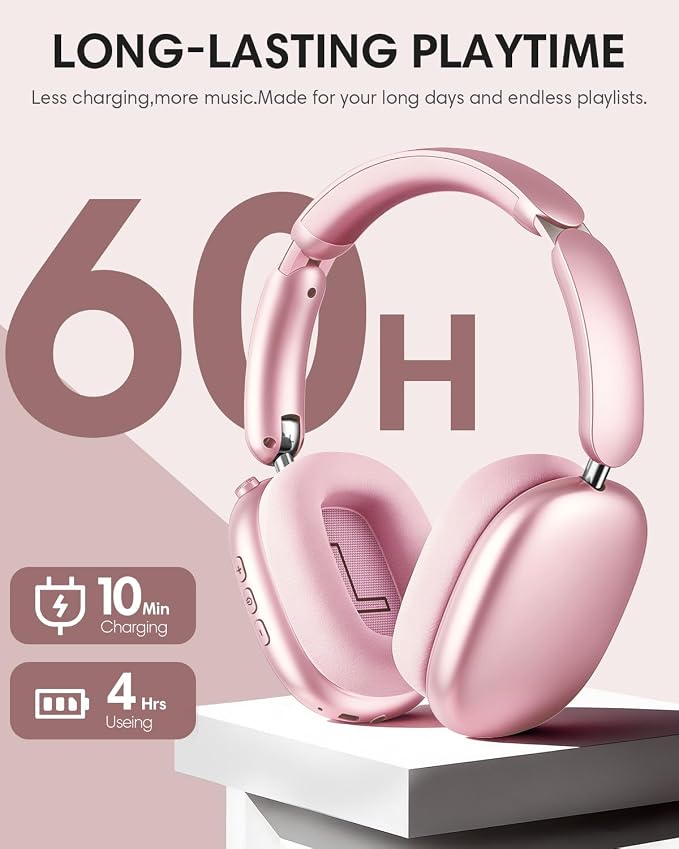 Wentronic Y02 Active Noise Cancelling Wireless Headphones, Pink | Over-Ear, Bluetooth, 60H Playtime,Crystal Clear Calls, Hi-Res Audio, Big Bass, Foldable Lightweight for Travel Home Office - Image 5