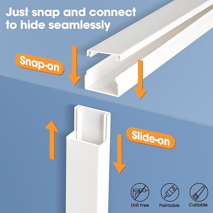 250in Cord Hider Kit, Cord Covers for Wires on Wall, Paintable Cable Raceway, Cord Hider for Wall Mount tv, tv Cable Hider Wall kit, Wire Covers for Cords, 16X L15.75 X W0.96in X H0.57in, White - Image 6