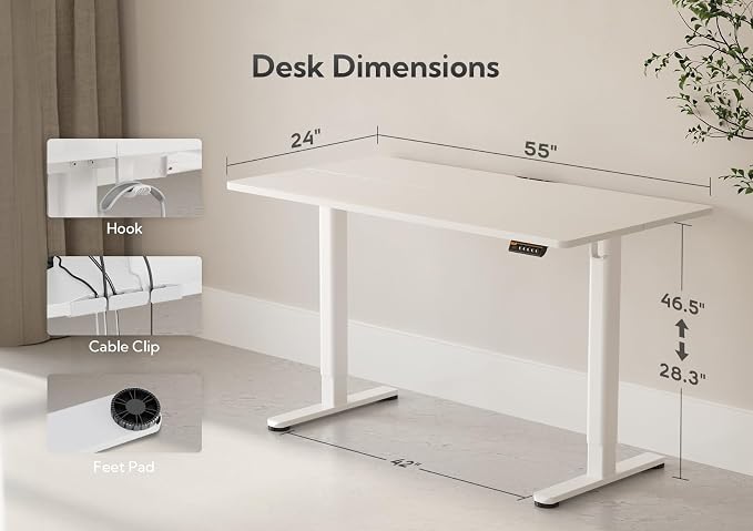 Claiks Electric Height Adjustable Standing Desk, 55x24 Inch, White | Smooth Height Adjustment, 3 Memory Presets, Cable Management Hub&Hook, Stable Steel Frame, 176lbs Capacity, Easy Assembly - Image 3