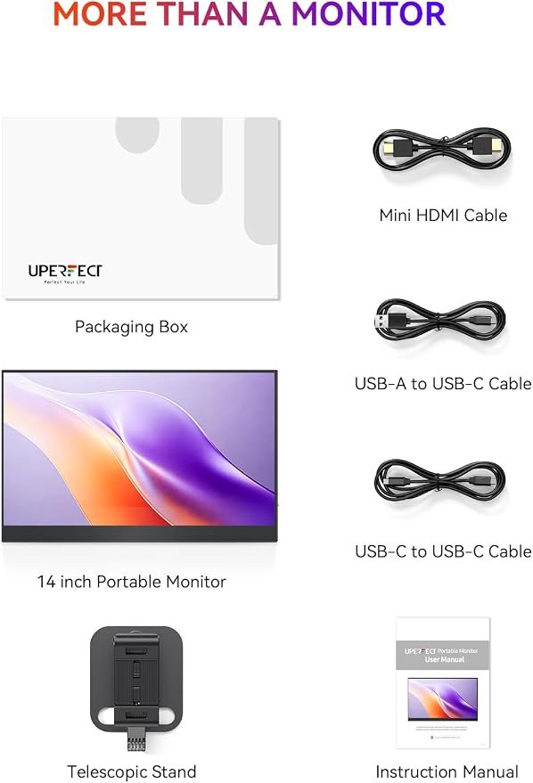 UPERFECT Portable Monitor, 14" 1200P Ultra-Slim Laptop Display | 125% sRGB Color, 2000:1 Contrast, VESA Support, Stand Included, USB-C & Mini HDMI External Screen for Laptop, Gaming & Travel - Image 7