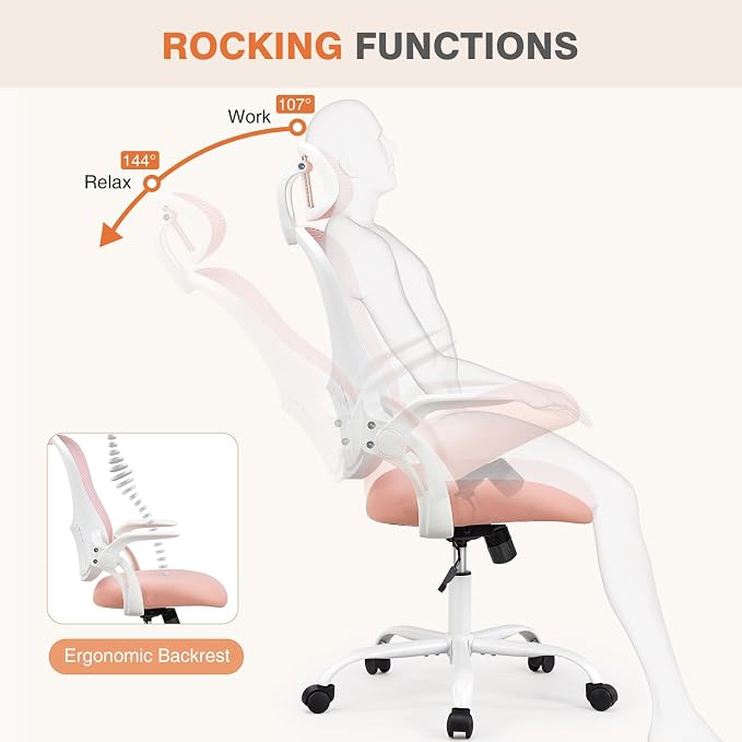 Sweetcrispy Computer Desk Chair, Mesh Office Chair with Lumbar Support | Ergonomic High-Back, Rolling Work, Adjustable Headrests, Flip-up Arms, Home Bedroom Study, Pink - Image 4